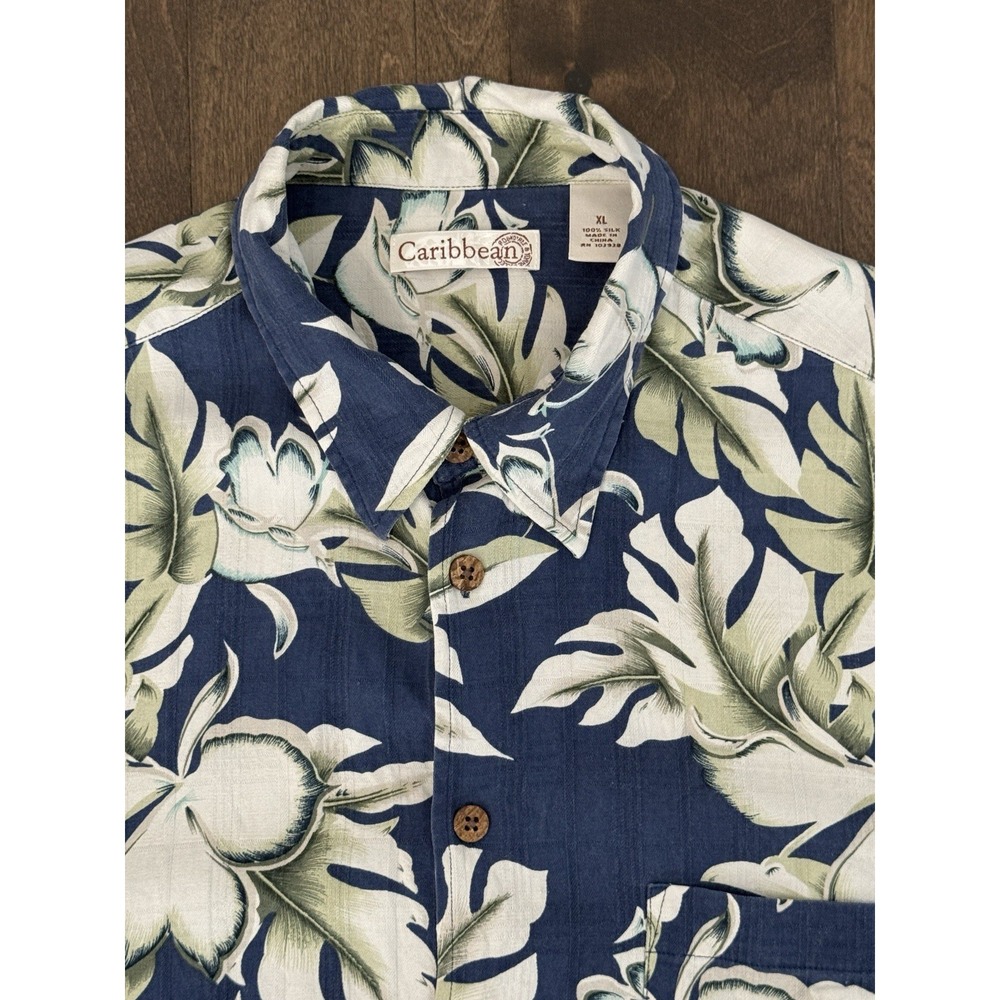Caribbean Silk Button‎ Down Shirt Mens Size XL Blue Floral Hawaiian Short Sleeve